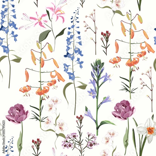 Spring Summer flowers. Vintage seamless pattern. Garden flowers and herbs on white background. Colorful backdrop for textiles, paper, wallpaper.	
