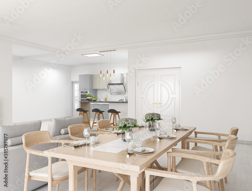 The dining room of modern design has wooden table and so on