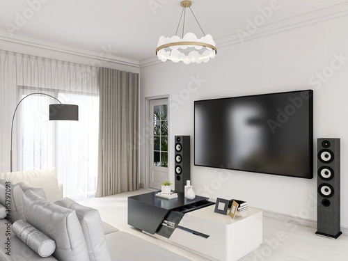 The modern and tidy living room has sofa, living room and other decorations