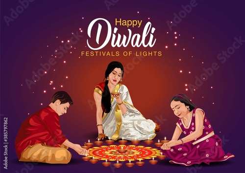 happy Diwali greetings. a family making diya decoration. vector illustration