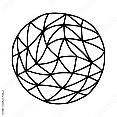 Beautiful hand-drawn black vector illustration of one toy ball with triangular texture isolated on a white background for coloring book for children