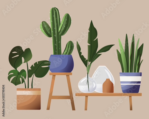 Household flowers in pots. beautiful illustration in scandinavian style. tropical leaves, vases, pots, flower stand. vector drawing in cartoon flat style