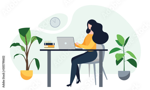 Happy freelance worker working with laptop at home. Online training. Woman sitting in a chair using a computer. Vector illustration for freelancer, morning, planning, routine concept