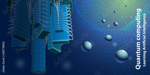 Quantum computer. Abstract tech background concept with qubit. Learning artificial intelligence element. Cryptography infographic vector. Big data.