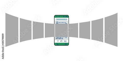 Smartphone carousel interface with social network. Template vector illustration.