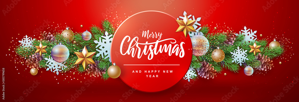Merry Christmas and Happy New Year greeting card. Christmas holiday background with fir tree, snowflakes, glass balls, pine cones and stars Merry Christmas and Happy New Year greeting card. Christmas holiday background with fir tree, snowflakes, glass balls, pine cones and stars
