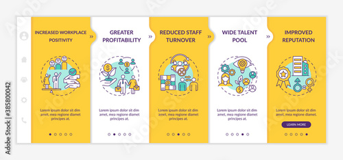 Gender diversity policy benefits onboarding vector template. Greater profitability. Reduced staff turnover. Responsive mobile website with icons. Webpage walkthrough step screens. RGB color concept