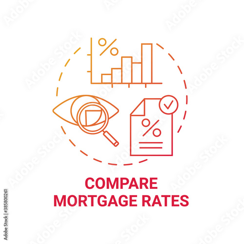 Compare mortgage rates concept icon. First-time homebuyer tip idea thin line illustration. Money saving. Comparison calculator. Mortgage interest rates. Vector isolated outline RGB color drawing