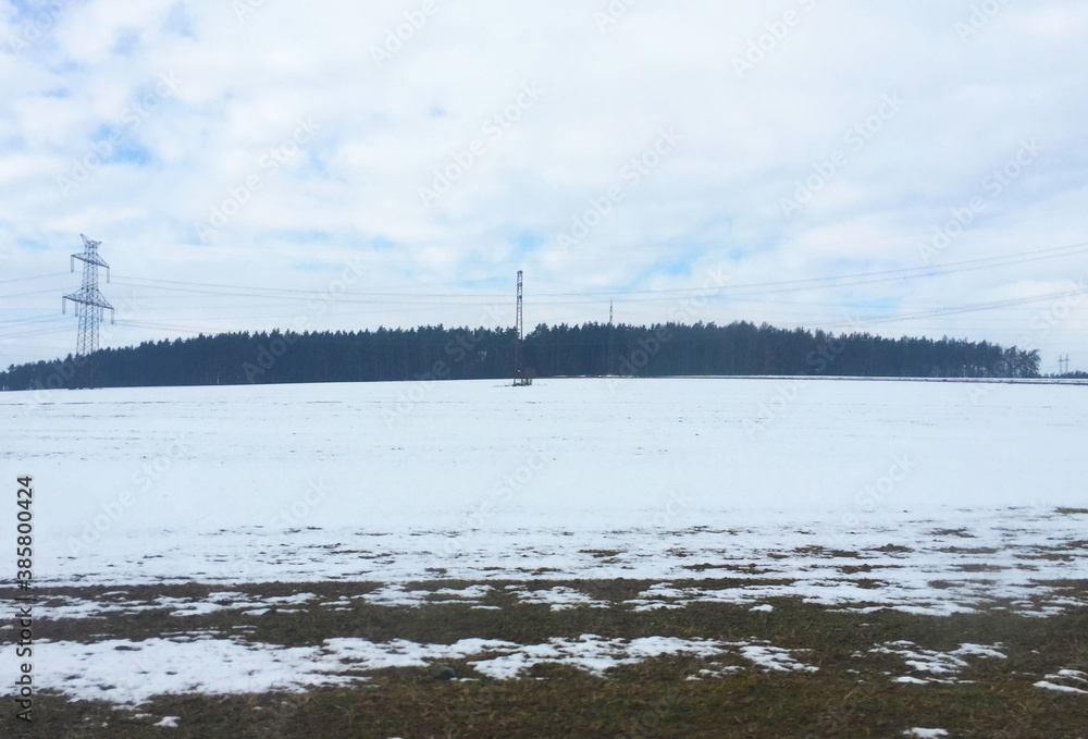 Snow covered field, Winter landscape in Czech republic