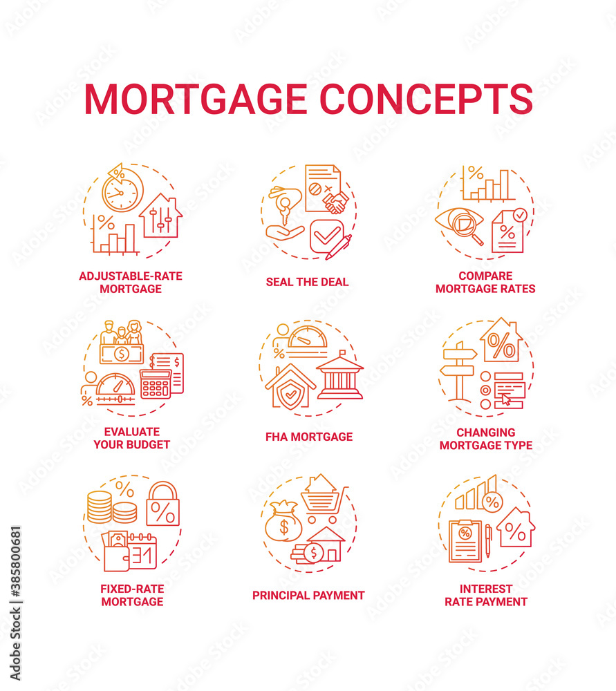 Mortgage concept icons set. Loan housing idea thin line RGB color illustrations. Adjustable-rate mortgage. Principal payment. Seal deal. Compare loan rates. Vector isolated outline drawings