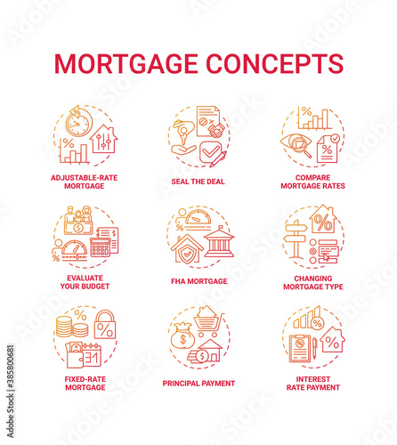 Mortgage concept icons set. Loan housing idea thin line RGB color illustrations. Adjustable-rate mortgage. Principal payment. Seal deal. Compare loan rates. Vector isolated outline drawings