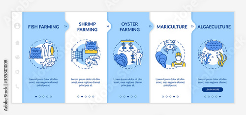 Aquaculture types onboarding vector template. Fish growing farms. Sea foods production idea. Responsive mobile website with icons. Webpage walkthrough step screens. RGB color concept © bsd studio