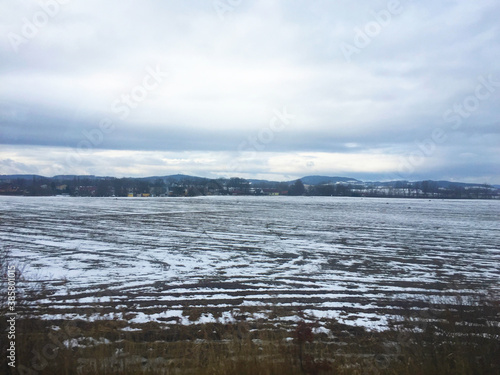 Snow covered field, Winter landscape in Czech republic