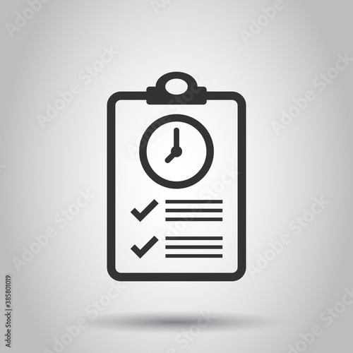 Document witch clock icon in flat style. Checklist survey vector illustration on white isolated background. Fast service business concept.