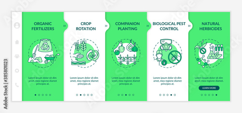 Organic farming principles onboarding vector template. Organic fertilizers. Crop rotation. Responsive mobile website with icons. Webpage walkthrough step screens. RGB color concept