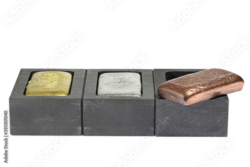 Photography metal bars in graphite molds isolated on white background
