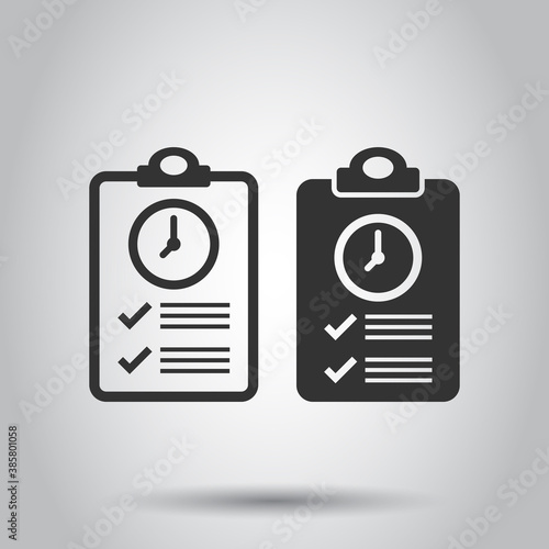 Document witch clock icon in flat style. Checklist survey vector illustration on white isolated background. Fast service business concept.