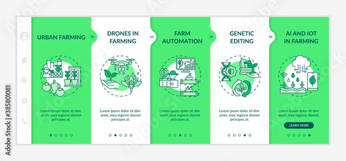 Agriculture innovation onboarding vector template. Urban farming ideas. Drones in farming. Responsive mobile website with icons. Webpage walkthrough step screens. RGB color concept