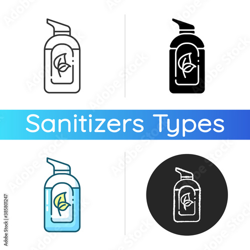 Organic hand sanitizer icon. Herbal lotion in bottle with pump. Liquid soap in tube package. Natural cosmetic product for skincare. Linear black and RGB color styles. Isolated vector illustrations