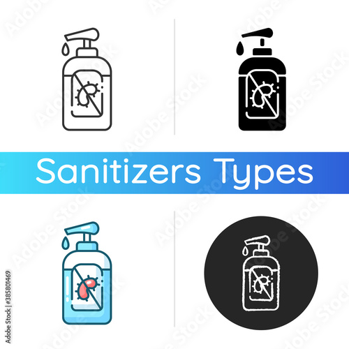 Pump bottle sanitizer icon. Antibacterial gel in tube. Disinfectant wash for hand sanitation. Hygiene product to prevent sickness. Linear black and RGB color styles. Isolated vector illustrations