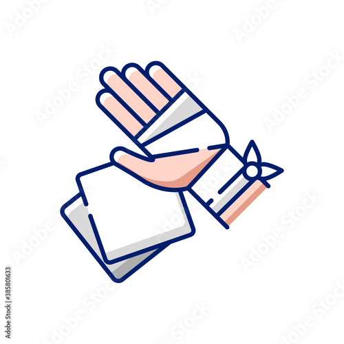 Gauze bandages and pads RGB color icon. Adhesive wrap for hand injury. Joint trauma. First aid kit. Damaged wrist hospital treatment. Injured patient help. Isolated vector illustration