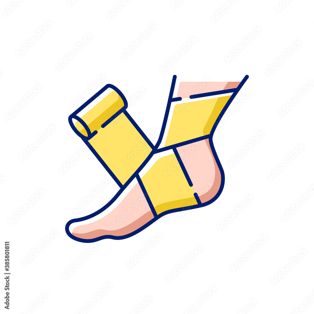 Elastic bandage RGB color icon. Suffer from injury. Hurt foot. Join trauma treatment. Medical equipment to help patient. Damaged leg recovery. Health care. Isolated vector illustration