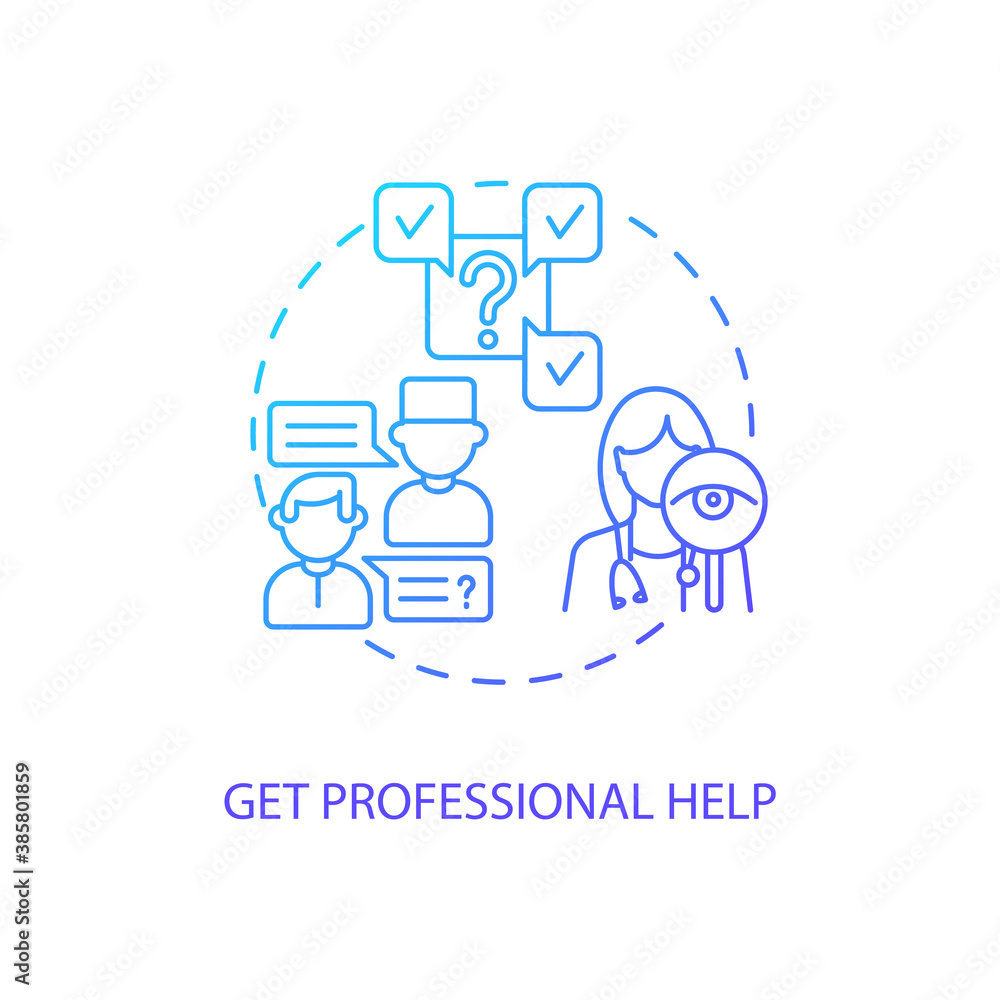 Get professional help concept icon. Telemedical consultation steps. Future doctor helping. Medical improvement idea thin line illustration. Vector isolated outline RGB color drawing Get professional help concept icon. Telemedical consultation steps. Future doctor helping. Medical improvement idea thin line illustration. Vector isolated outline RGB color drawing