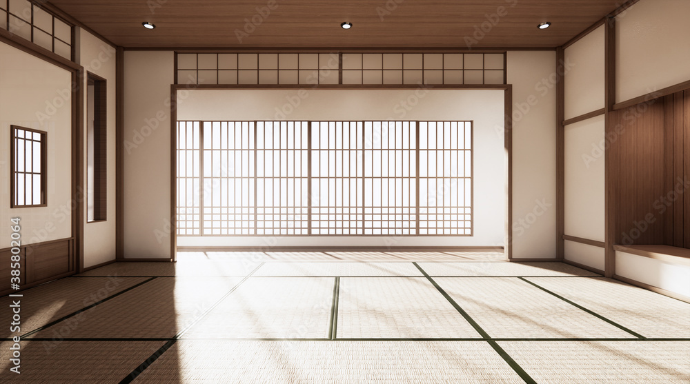 The room is spacious design of the Japanese style And light in natural tones. 3D rendering The room is spacious design of the Japanese style And light in natural tones. 3D rendering