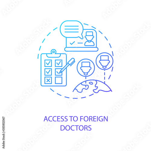Access to foreign doctors concept icon. Telemedical consultation step. International medical treatment network. Treatment idea thin line illustration. Vector isolated outline RGB color drawing