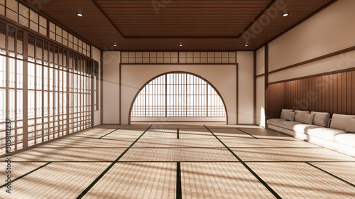 The room is spacious design of the Japanese style  And light in natural tones. 3D rendering