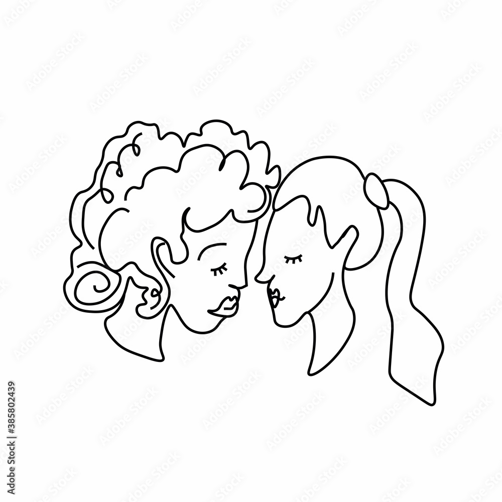 Vector illustration of a young man in love in doodle style. Lesbians kissing and hugging. Two girls on Valentine's Day black line. Design for cards, posters, articles, social networks. Vector illustration of a young man in love in doodle style. Lesbians kissing and hugging. Two girls on Valentine's Day black line. Design for cards, posters, articles, social networks.