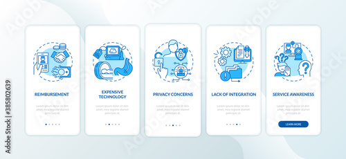 Telemedicine challenges onboarding mobile app page screen with concepts. Fast doctor connection walkthrough 5 steps graphic instructions. UI vector template with RGB color illustrations