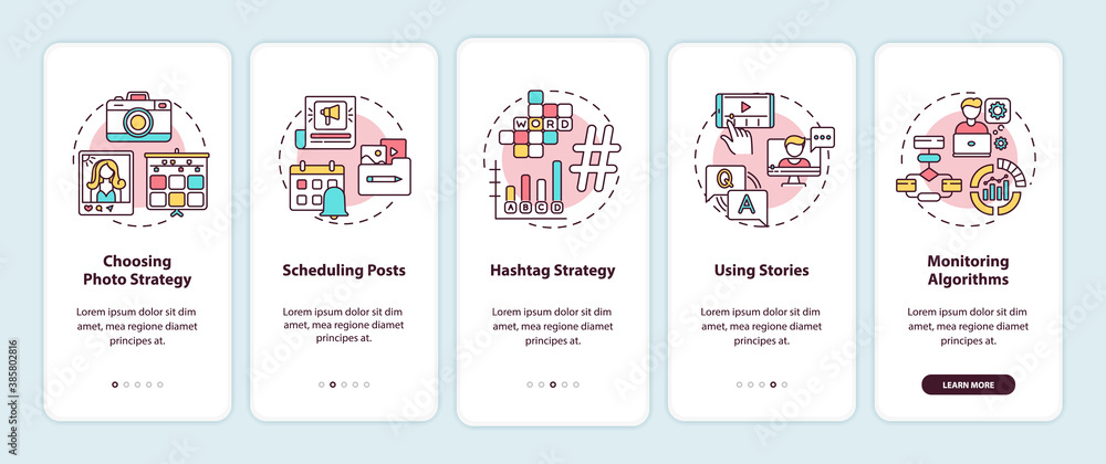 Becoming nanoinfluencer tips onboarding mobile app page screen with concepts. Photo strategy, scheduling walkthrough 5 steps graphic instructions. UI vector template with RGB color illustrations