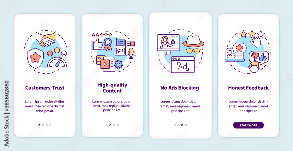 Influencer marketing benefits onboarding mobile app page screen with concepts. Customers trust, feedback walkthrough 4 steps graphic instructions. UI vector template with RGB color illustrations