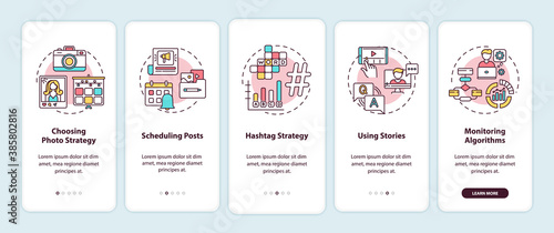 Becoming nanoinfluencer tips onboarding mobile app page screen with concepts. Photo strategy, scheduling walkthrough 5 steps graphic instructions. UI vector template with RGB color illustrations