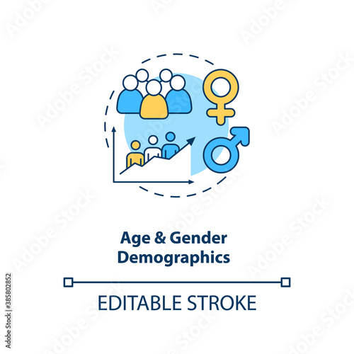 Age and gender demographics concept icon. Social media demographics idea thin line illustration. Target audience on network. Women and men. Vector isolated outline RGB color drawing. Editable stroke