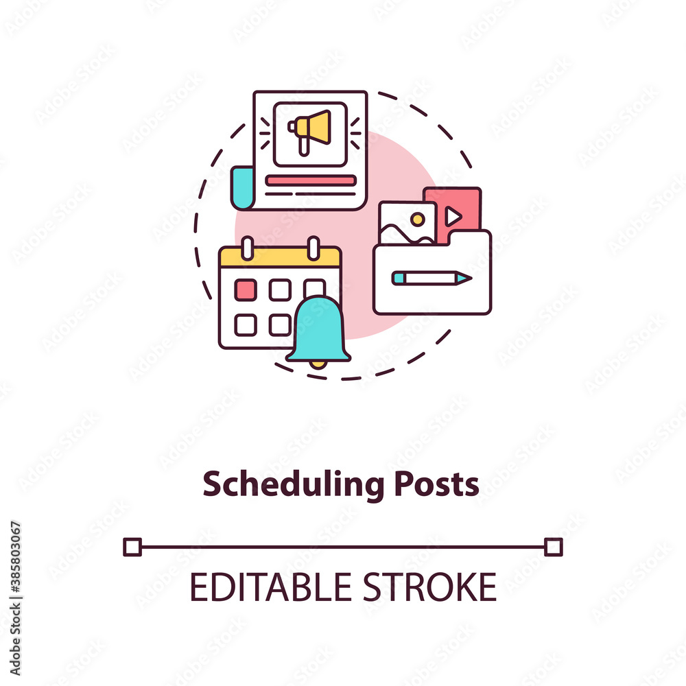 Scheduling posts concept icon. Becoming nanoinfluencer tip idea thin line illustration. Social media posting tool. Uploading content. Vector isolated outline RGB color drawing. Editable stroke