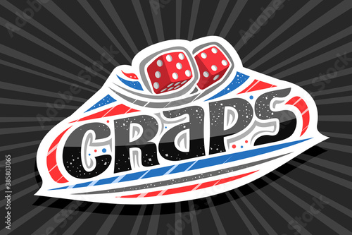 Vector logo for Craps Gamble, white modern badge with illustration of 2 thrown cartoon cubes, unique lettering for black word craps, gamble sign board with decorative confetti and trendy line art.