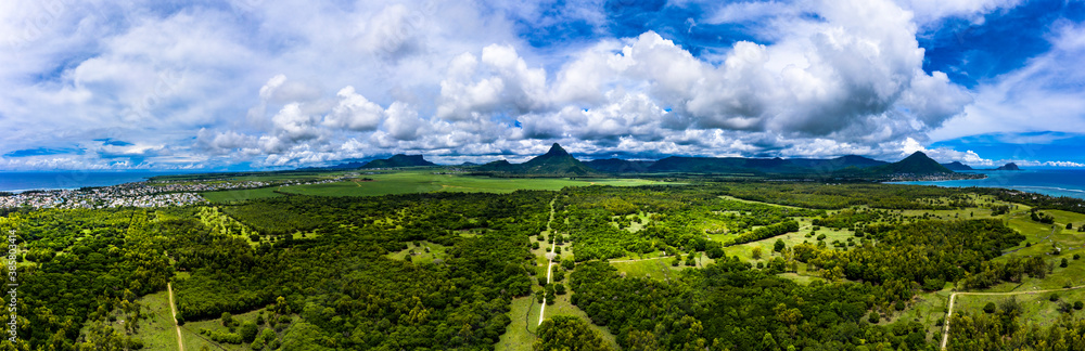 Mauritius, Black River, Flic-en-Flac, Helicopter panorama of green island landscape in summer