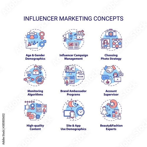 Influencer marketing concept icons set. Influencer campaign management idea thin line RGB color illustrations. Age and gender demographics. Vector isolated outline drawings. Editable stroke