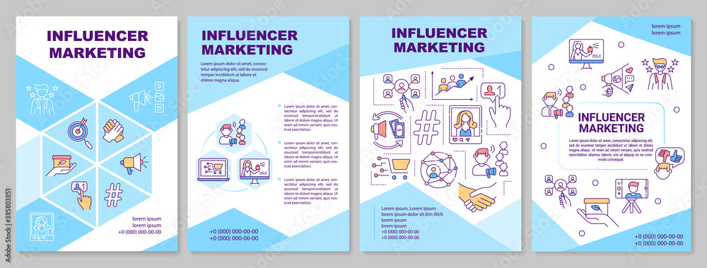 Influencer marketing brochure template. Social media ecommerence. Flyer, booklet, leaflet print, cover design with linear icons. Vector layouts for magazines, annual reports, advertising posters