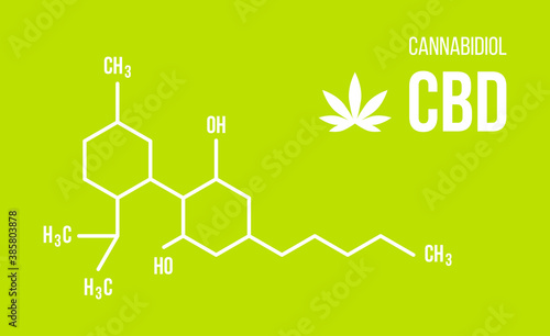 CBD molecular structure illustration on green background. Cannabinol chemistry cannabis formula vector