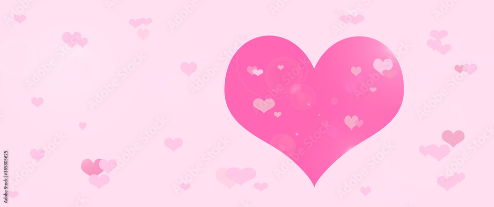 Valentine's day greeting card. Pink and purple hearts on pink background