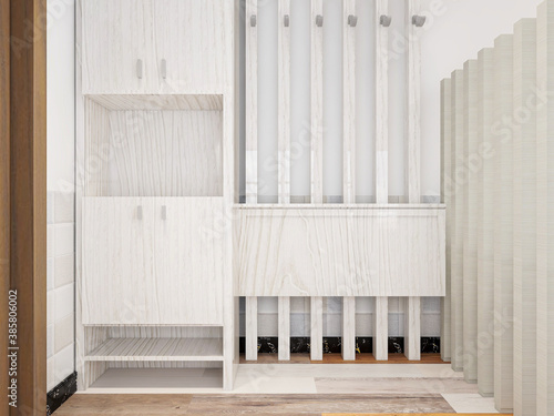 There is a closet in the cloakroom in the clean and tidy bedroom