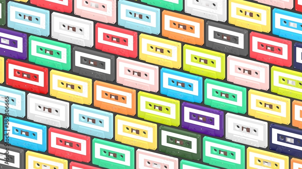Colorful cassette tapes on black background.3d 3d illustration for background.
