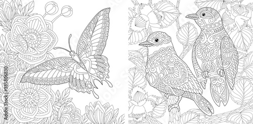 Coloring page. Butterfly and birds. Line art drawing for adult or kids coloring book in zentangle style. Vector illustration.