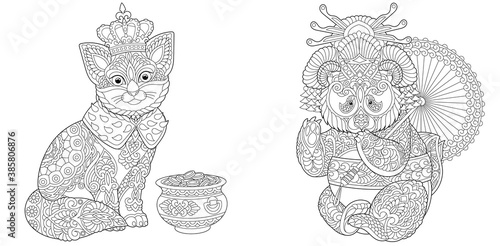 Coloring page. King cat and panda geisha. Line art drawing for adult or kids coloring book in zentangle style. Vector illustration.