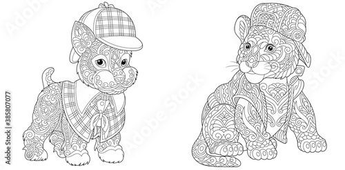Coloring page. Dog and tiger cub. Line art drawing for adult or kids coloring book in zentangle style. Vector illustration.