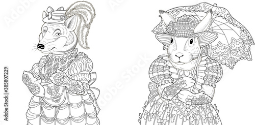 Coloring page. Fox and bunny women. Line art drawing for adult or kids coloring book in zentangle style. Vector illustration.