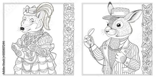 Coloring page. Fox girl and rabbit man. Line art drawing for adult or kids coloring book in zentangle style. Vector illustration.